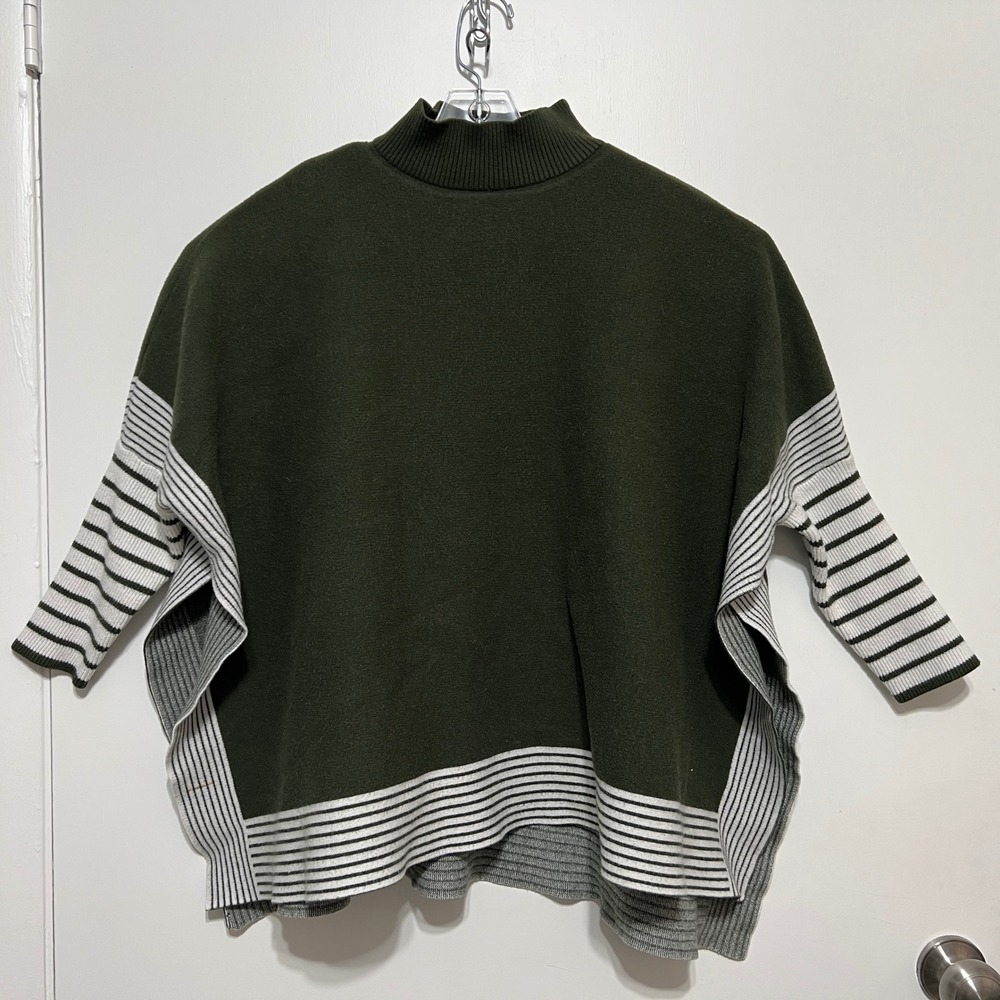 Womens Olive Green Mock Neck Striped Sleeve Poncho Sweater Knit Top One Size